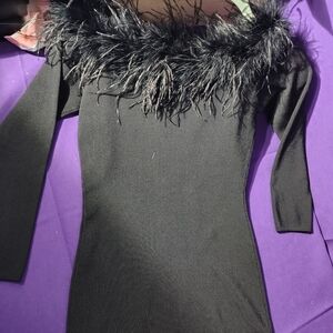 ANTONIO MELANI Black Long Sleeve Dress with Feather Detail